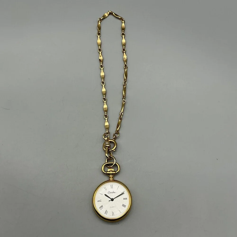 Vintage Carolee Pocket Watch Women 29mm Gold Tone Chain New Battery